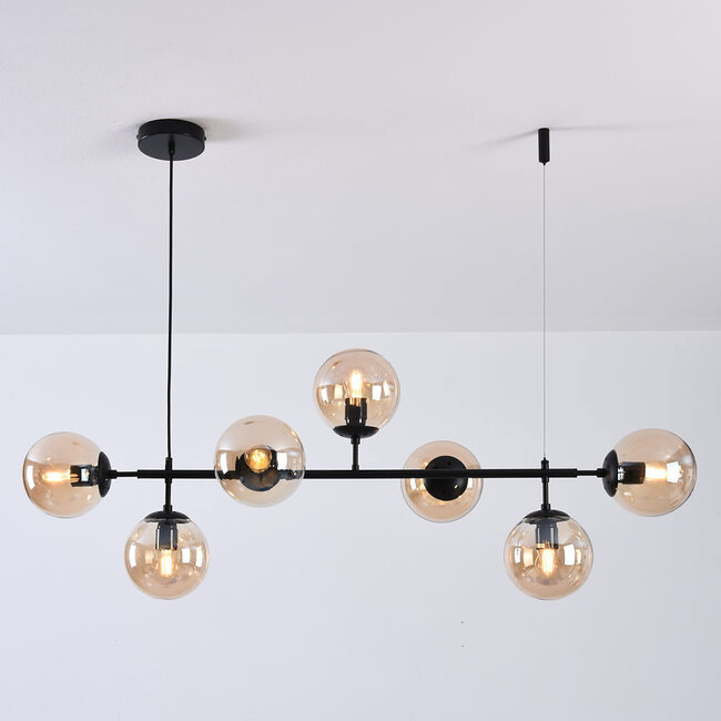 Design hanglamp Hepta met amber glazen bollen