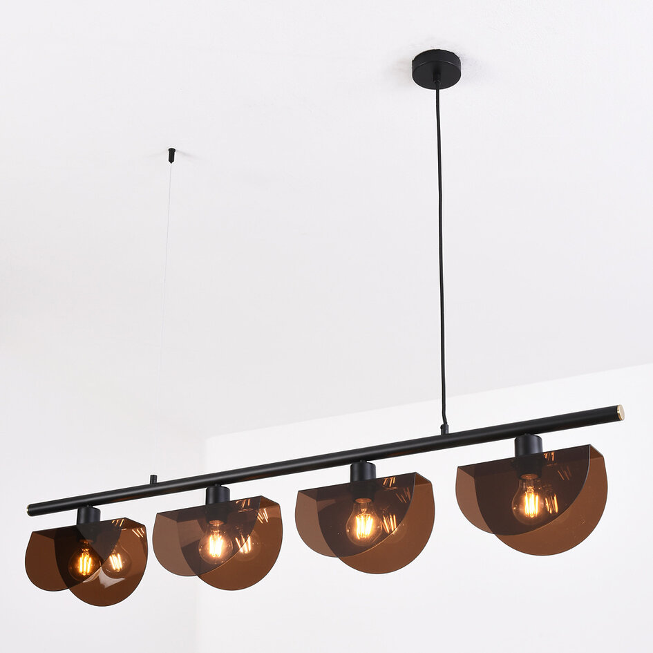 Zwarte hanglamp met smoke kappen, 4-lichts - Morandi