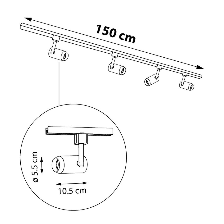 Industrieel 1-fase railsysteem van 1,5 meter met Claire spots - plafond rail