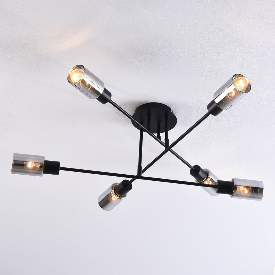 Zwarte plafondlamp Agios met smoke glas, 6-lichts