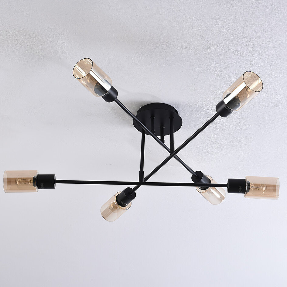 Zwarte plafondlamp Agios met amber glas, 6-lichts