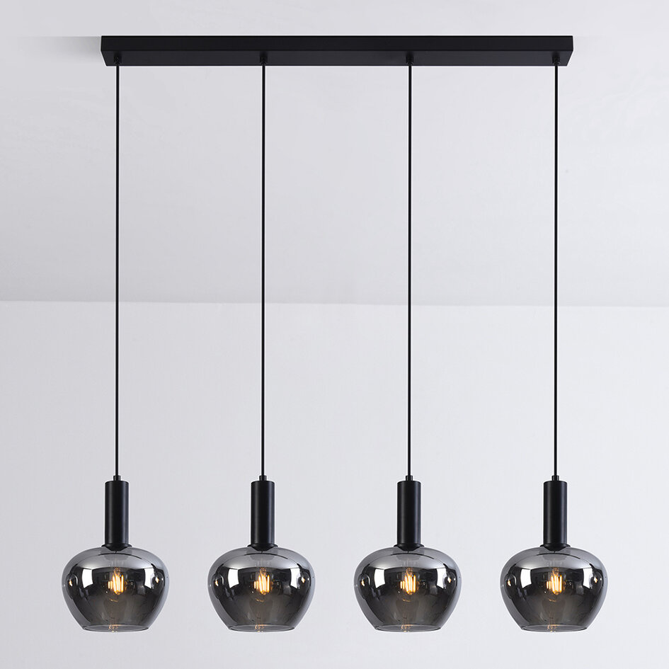 4-lichts hanglamp Ilvy in appelvormig rookglas - zwart