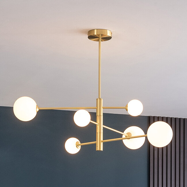 Design plafondlamp goud met melkwit glas, 6-lichts - Sest