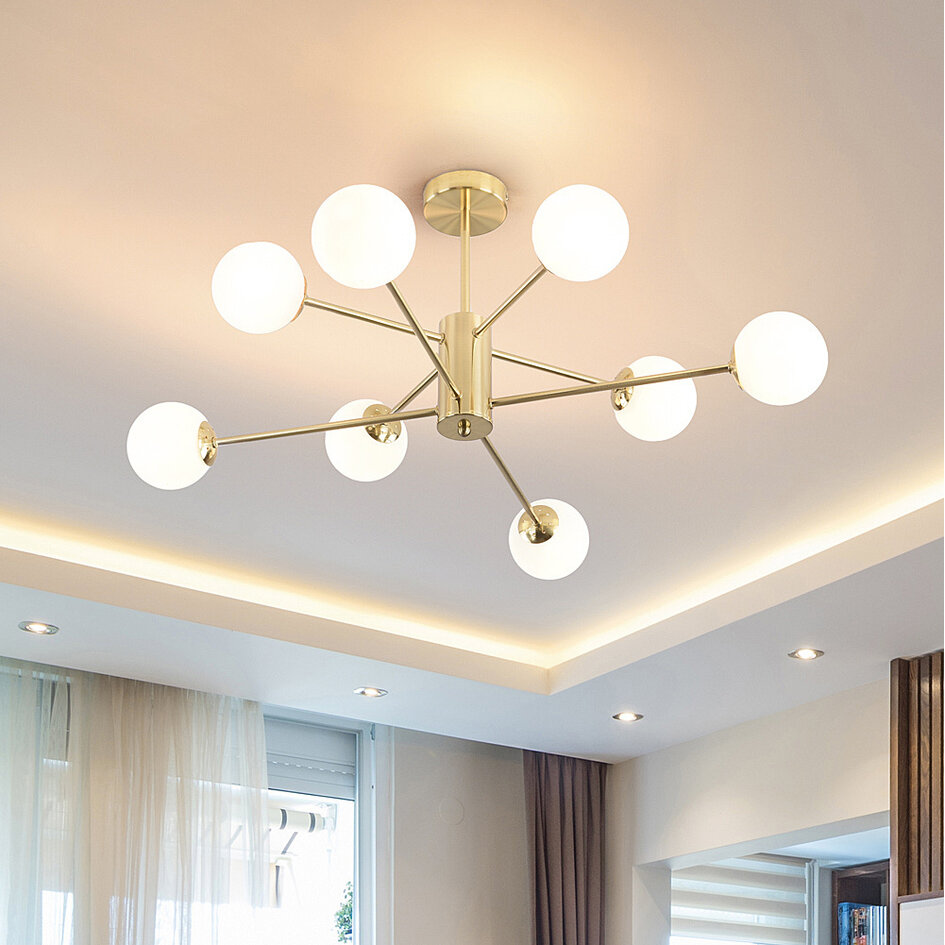 Design zandgouden plafondlamp met melkwit glas- 8-lichts Idaho