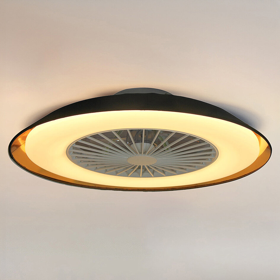 Plafondventilator Cakir met stereffect en aanpasbare kleurtemperatuur - zwarte stoffen kap
