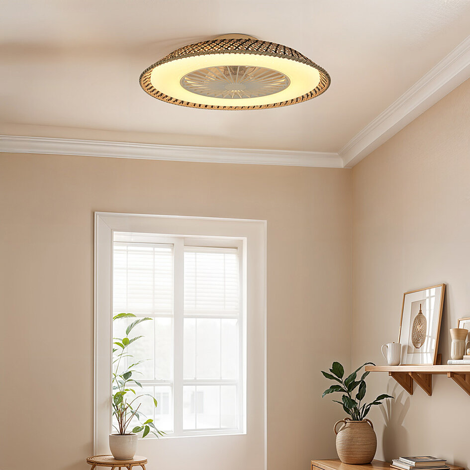 Plafondventilator Cakir met stereffect en aanpasbare kleurtemperatuur - bamboe kap