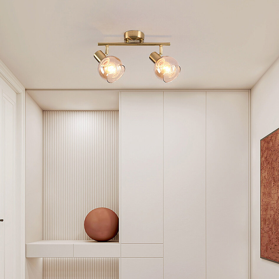 2-lichts plafondlamp in messing goud en amber glas - Phiene