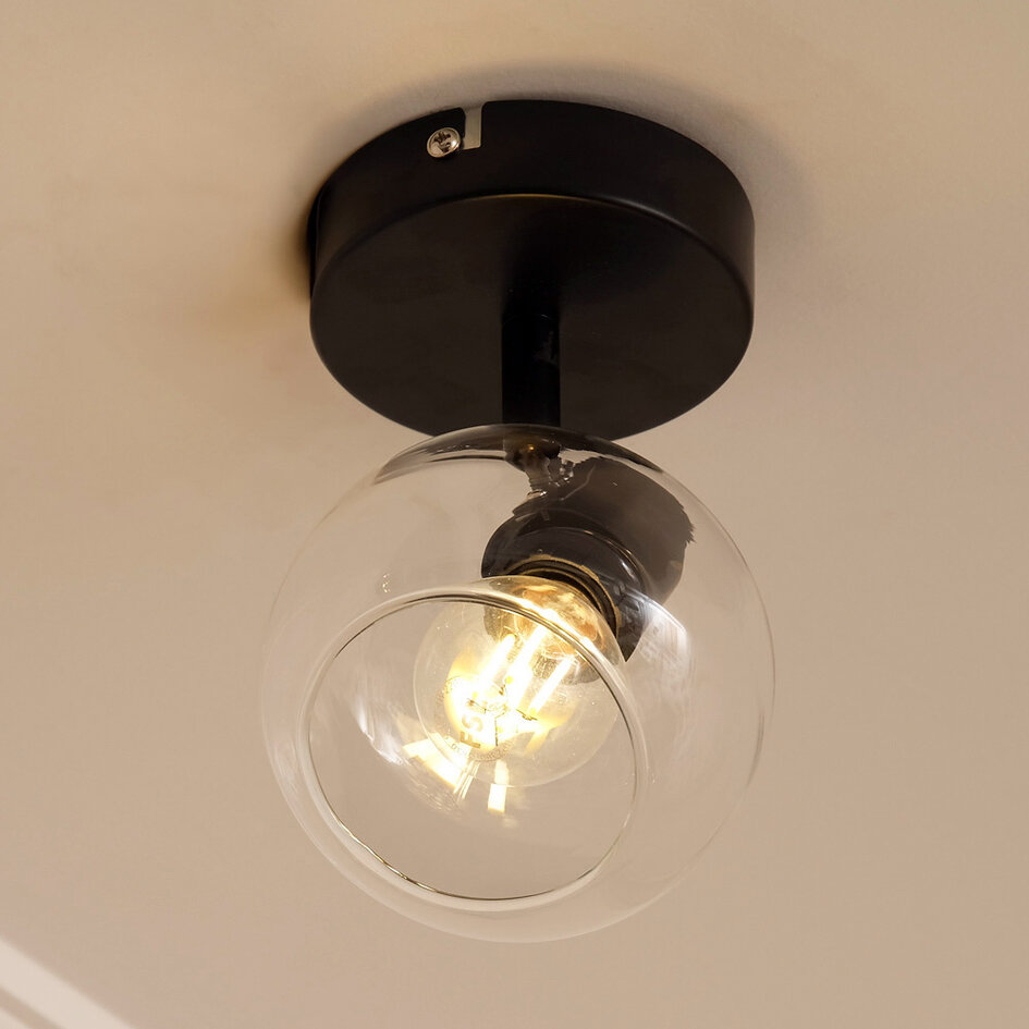 Plafondlamp zwart met transparant glas, 1-lichts - Jenthe
