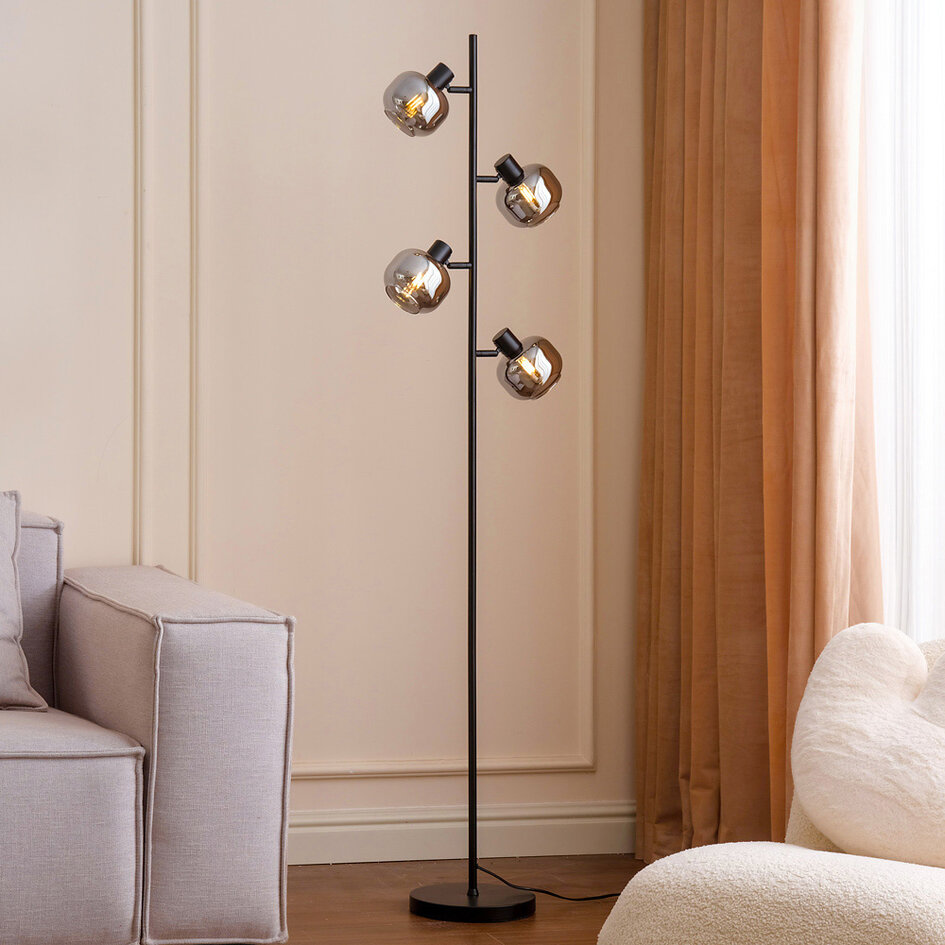 Zwarte staande lamp met smoke grijs glas, 4-lichts - Jesse