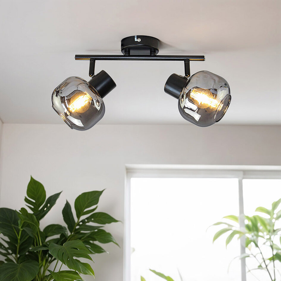 Moderne plafondlamp zwart met smoke glas, 2-lichts - Jenthe