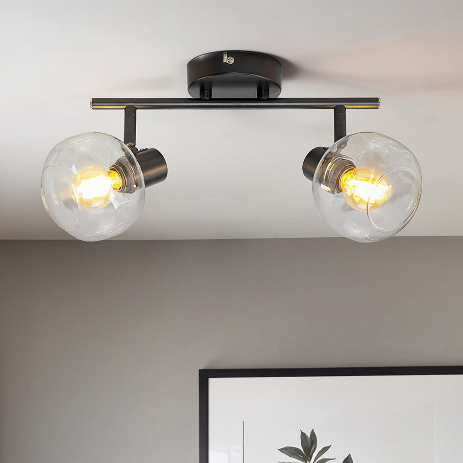 Plafondlamp zwart met transparant glas, 2-lichts - Jenthe