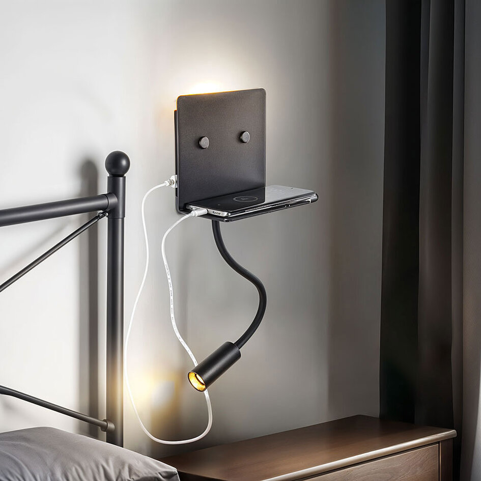 Multifunctionele wandlamp met verstelbare arm en USB-poort - Sillia