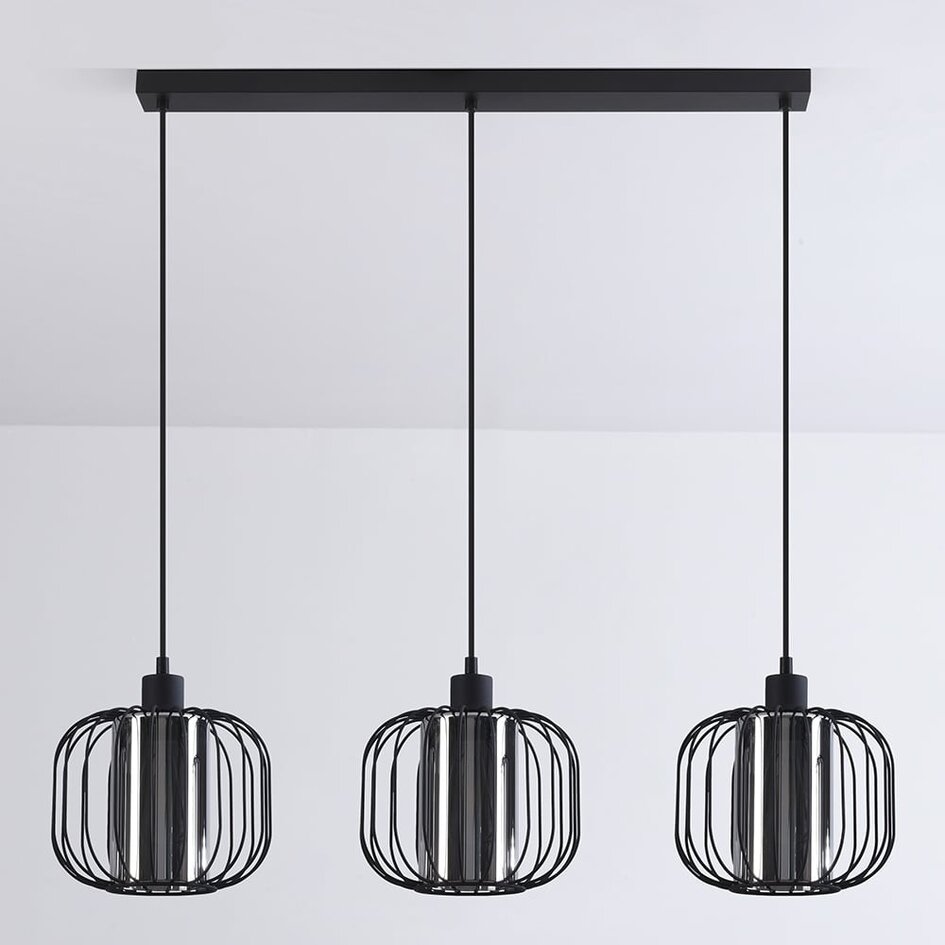 Hanglamp Dilan met smoke glas, 3-lichts - zwart