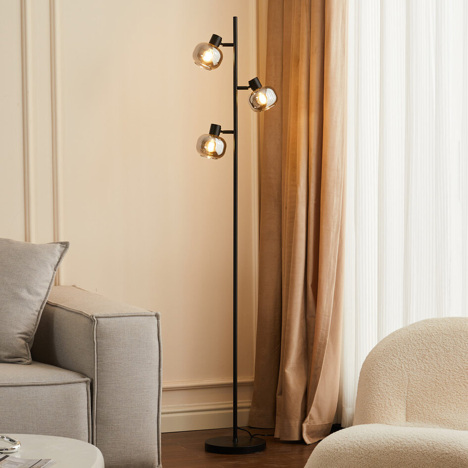 Zwarte staande lamp met smoke grijs glas, 3-lichts - Jesse