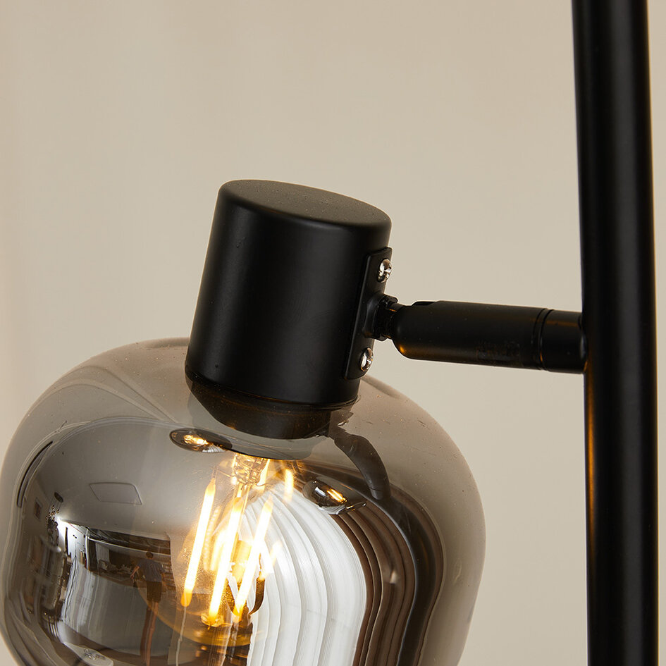 Zwarte staande lamp met smoke grijs glas, 3-lichts - Jesse