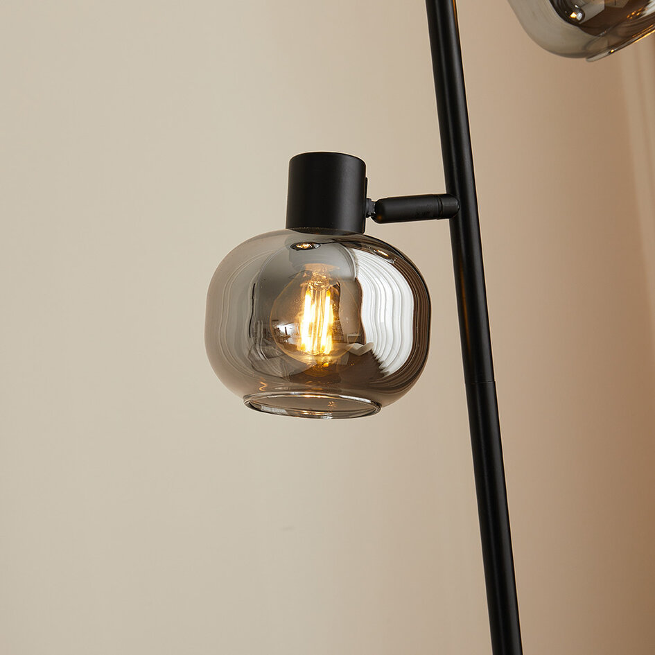 Zwarte staande lamp met smoke grijs glas, 3-lichts - Jesse