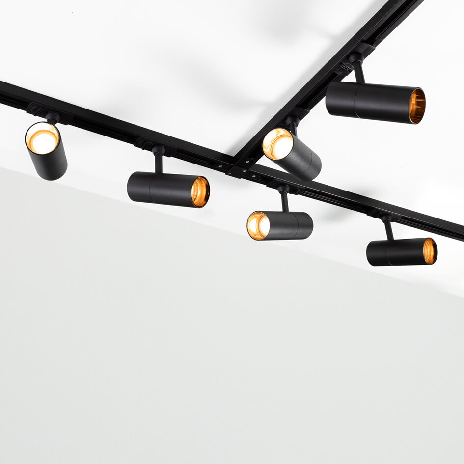 Modern 1-fase railsysteem 1,5 meter met Liam spots met gouden detail