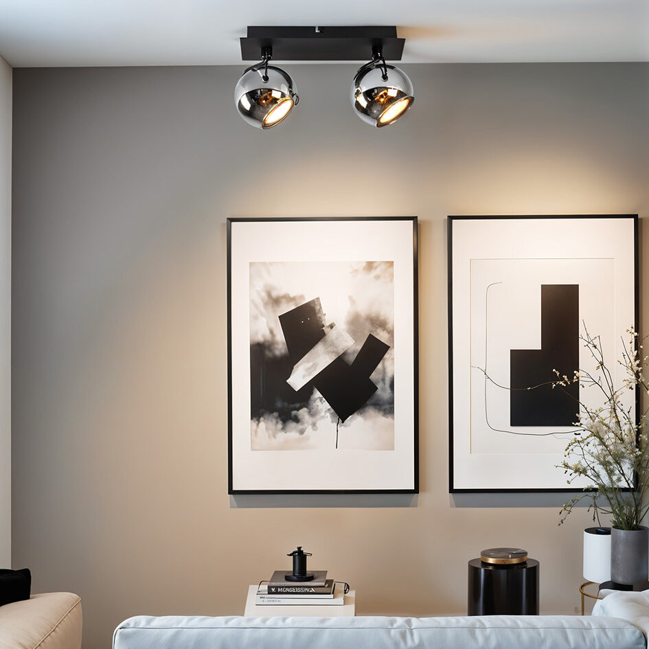 Moderne plafondlamp met smoke glas en 2 spots, zwart - Jari