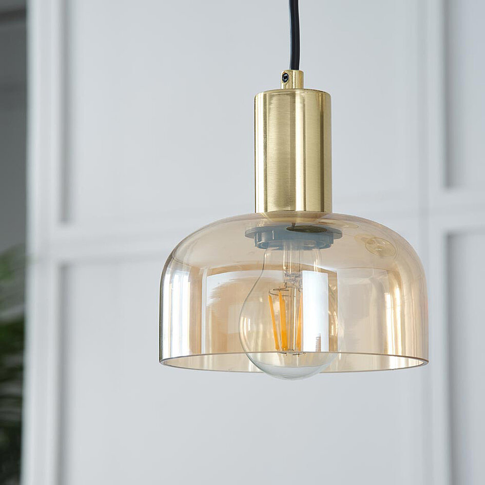Gouden hanglamp met amber glas, 3-lichts - Marrom