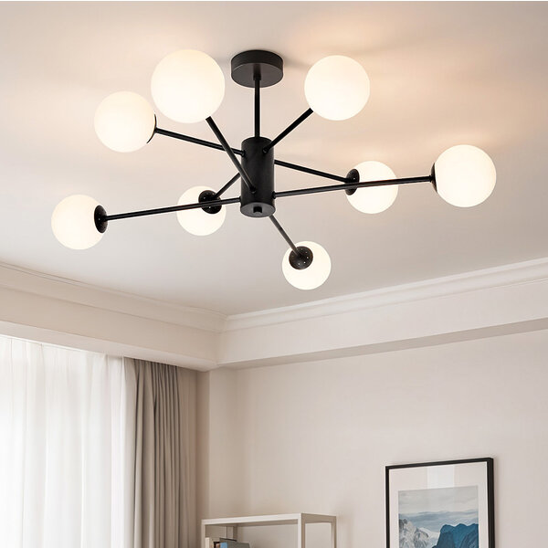 Design zwarte plafondlamp met melkwit glas - 8-lichts Idaho