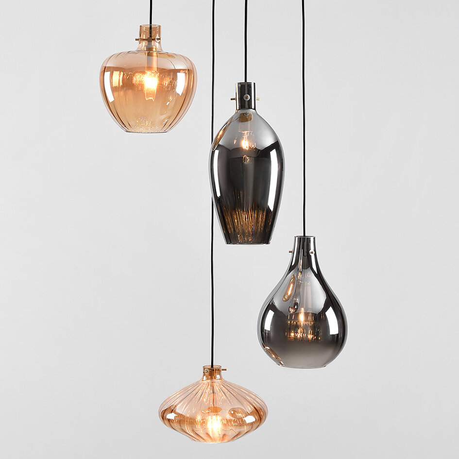 4-lichts hanglamp met amber en smoke glas - Nisa