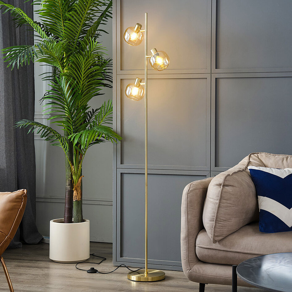 Staande lamp goud met amber glas, 3-lichts - Jesse