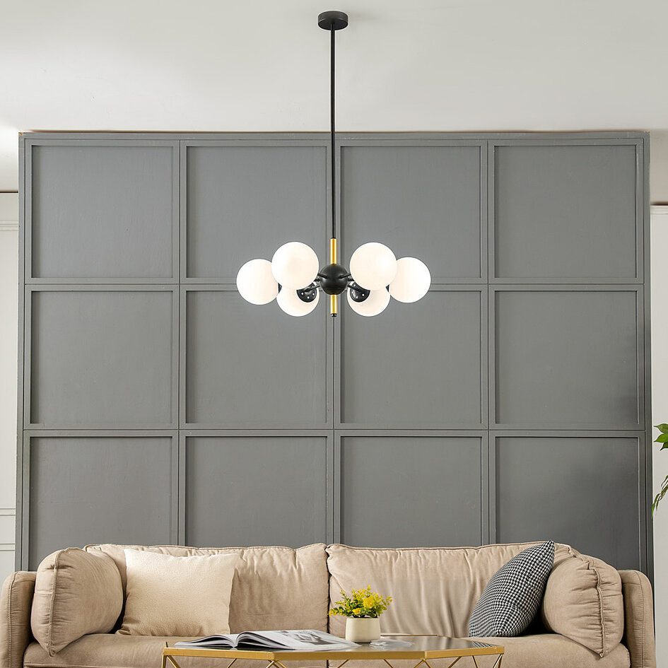 Design hanglamp Callie zwart met melkwit glas, 6-lichts