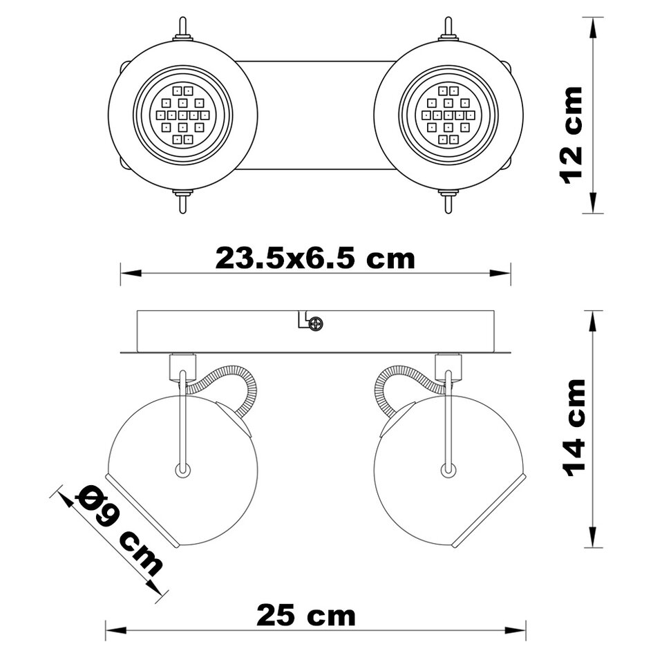 Moderne plafondlamp met smoke glas en 2 spots, zwart - Jari