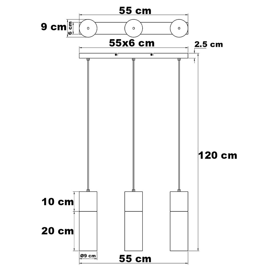Zwarte hanglamp met 3-lichts en smoke glas - Esila