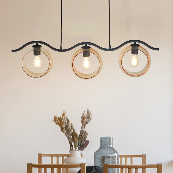 Moderne hanglamp met rond amber glas, 3-lichts - Curvatura