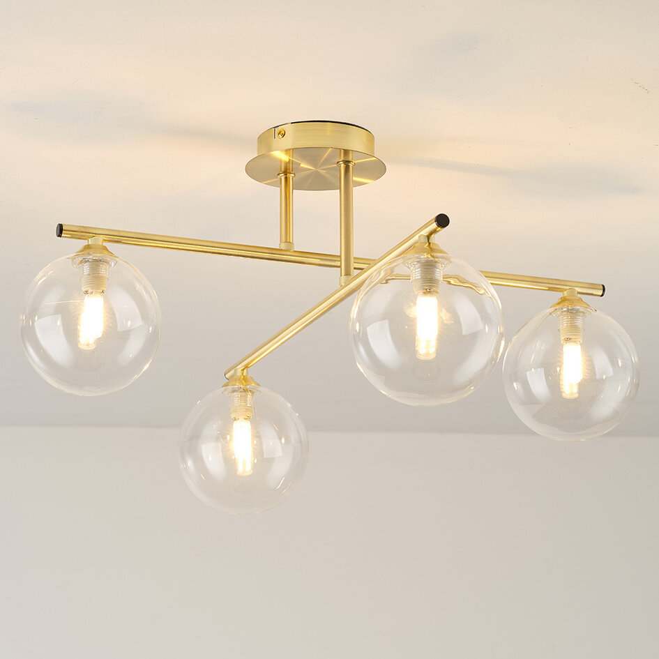 Elegante plafondlamp, 4-lichts goud met transparant glas - Nymo
