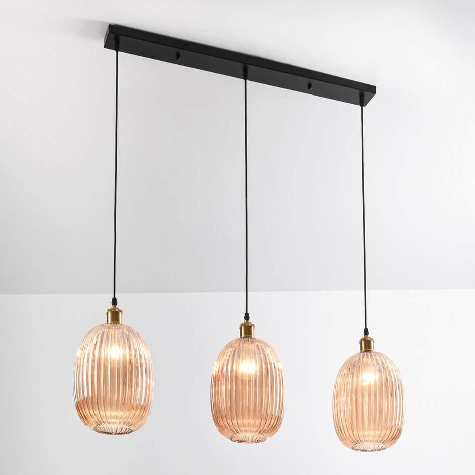 Hanglamp Erin van geribbeld amber glas, 3-lichts