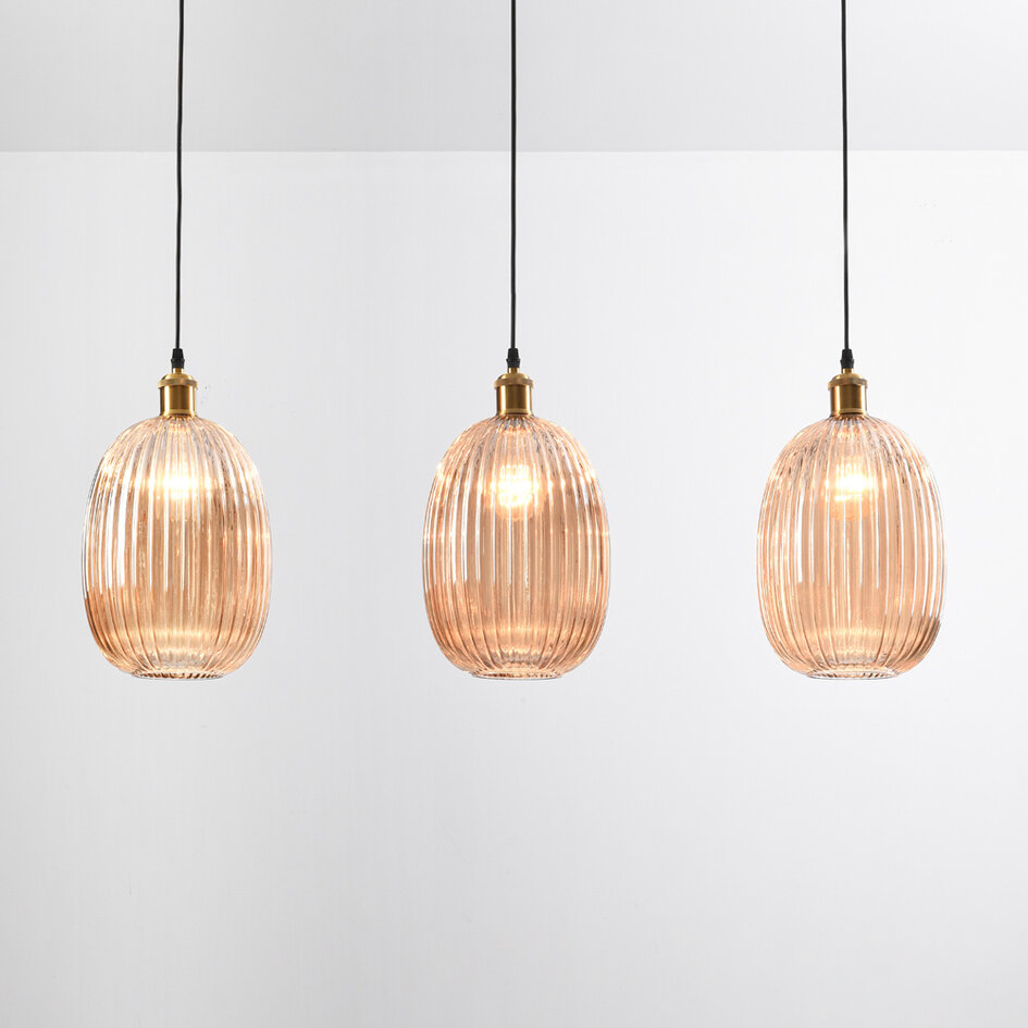 Hanglamp Erin van geribbeld amber glas, 3-lichts