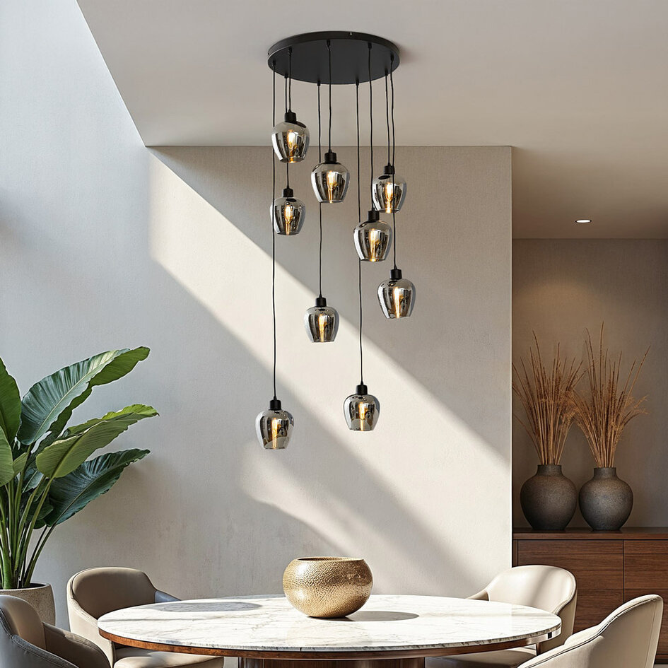 9-lichts hanglamp zwart met smoke grijs glas - Alturas