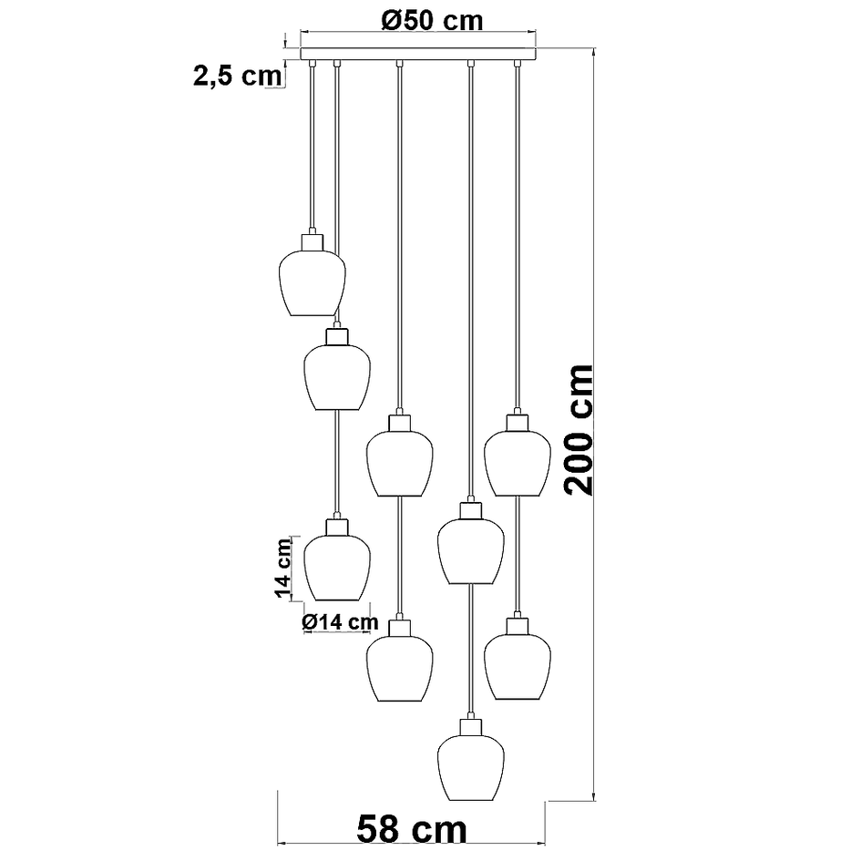 9-lichts hanglamp zwart met smoke grijs glas - Alturas