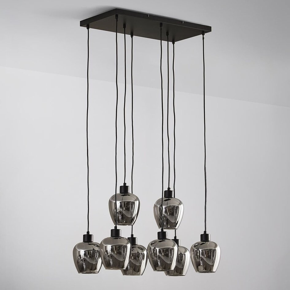 8-lichts hanglamp zwart met smoke grijs glas - Sidney