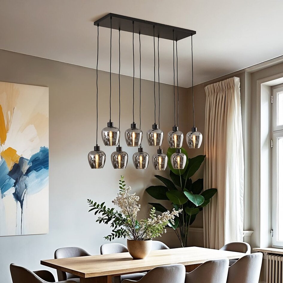 10-lichts hanglamp zwart met smoke grijs glas - Stafford
