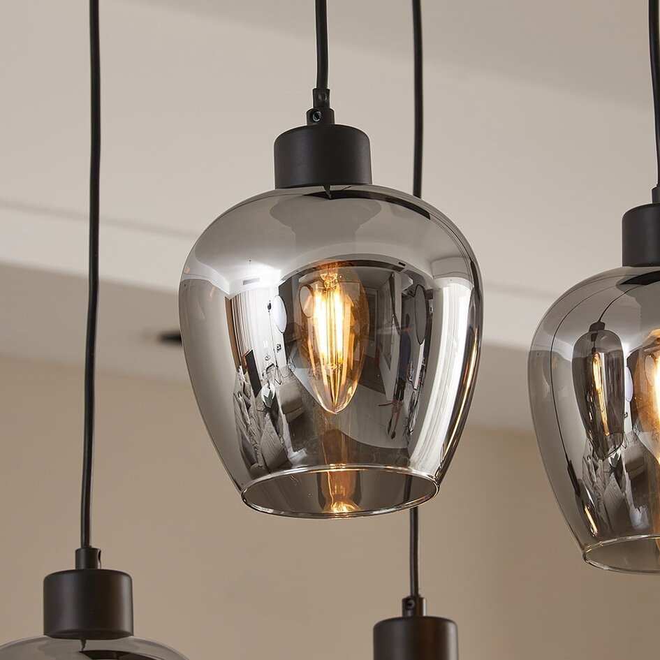 10-lichts hanglamp zwart met smoke grijs glas - Stafford