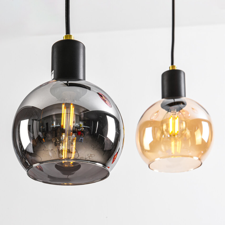 6-lichts hanglamp zwart met smoke, amber en roze glas - Minot