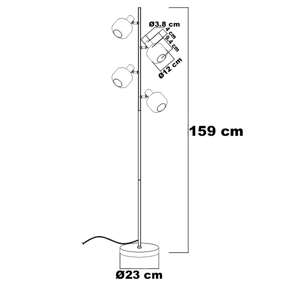 Zwarte staande lamp met smoke grijs glas, 4-lichts - Jesse