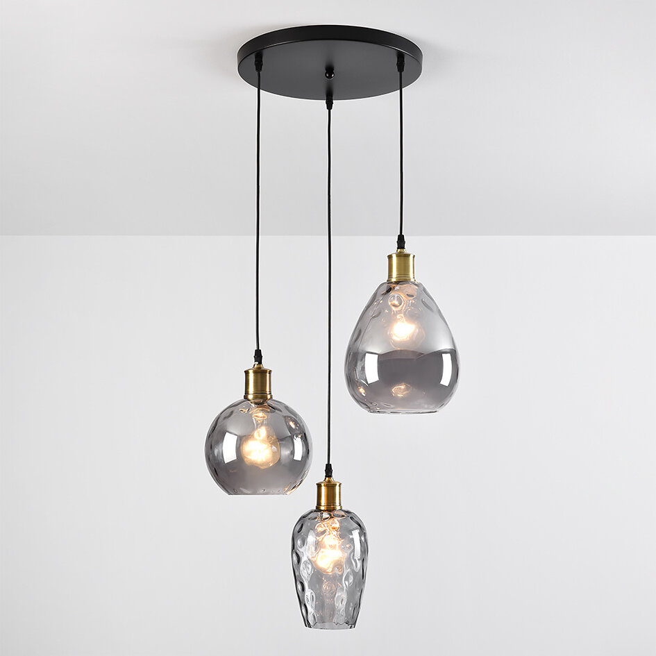 Zwarte hanglamp met smoke glas en bolling 3-lichts - Verona