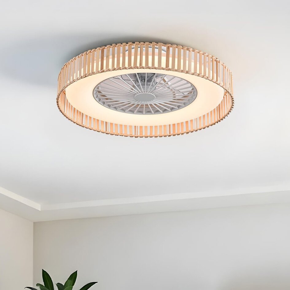 Plafondventilator Cakir met stereffect en aanpasbare kleurtemperatuur - lichtbruine bamboe kap