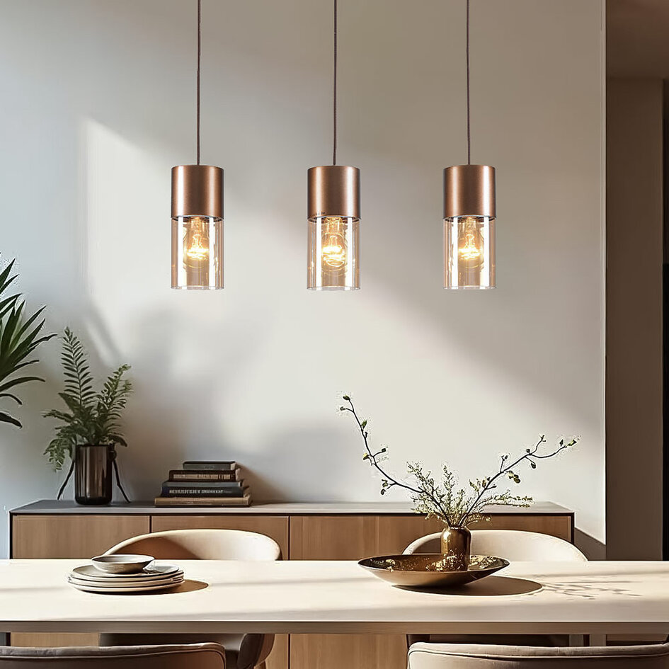 3-lichts hanglamp koffiebruin met amber glas - Lungo