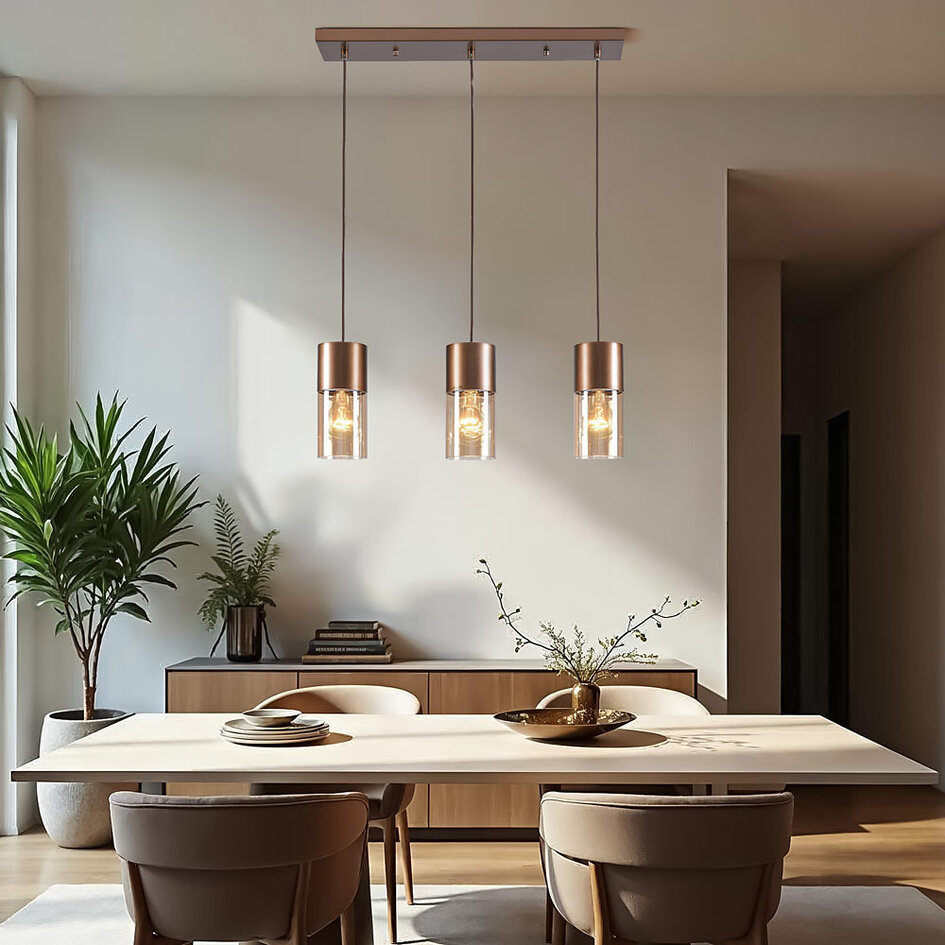 3-lichts hanglamp koffiebruin met amber glas - Lungo