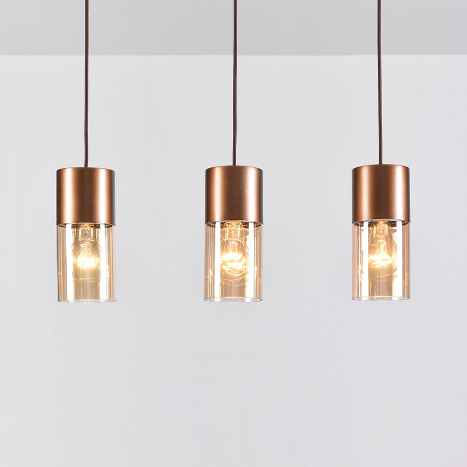 3-lichts hanglamp koffiebruin met amber glas - Lungo