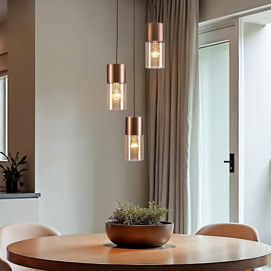 3-lichts design koffiebruine hanglamp met amber glas - Latte
