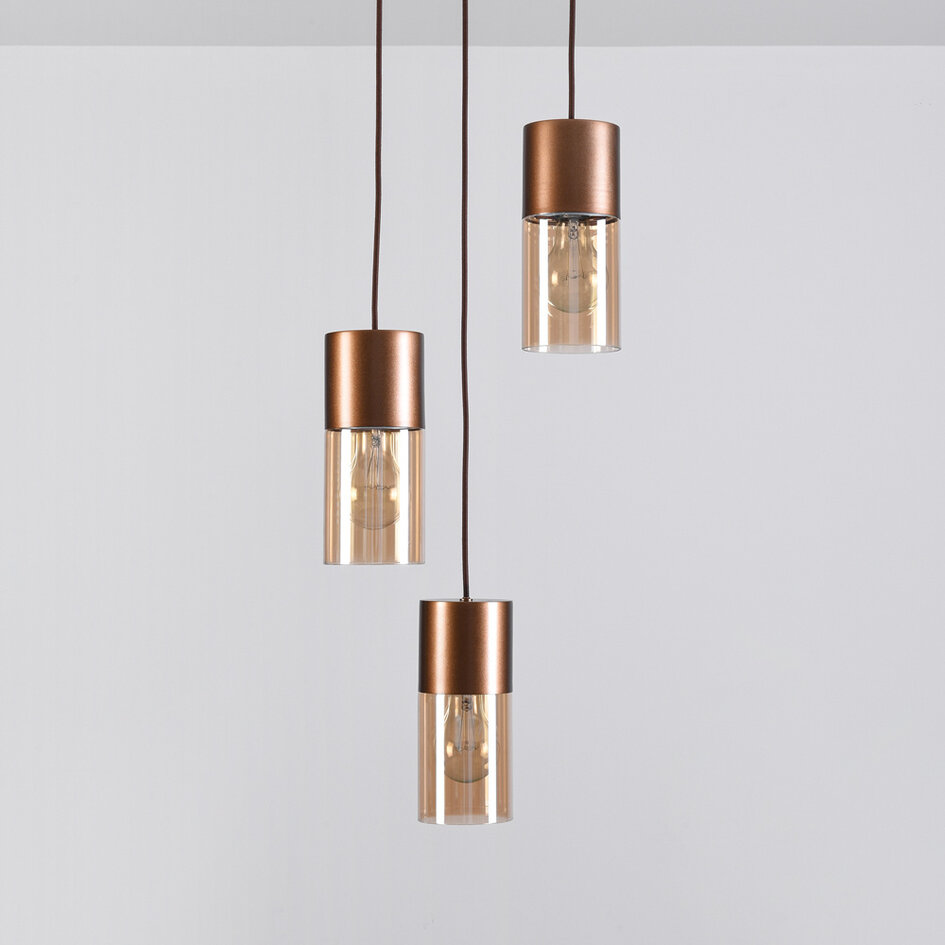 3-lichts design koffiebruine hanglamp met amber glas - Latte