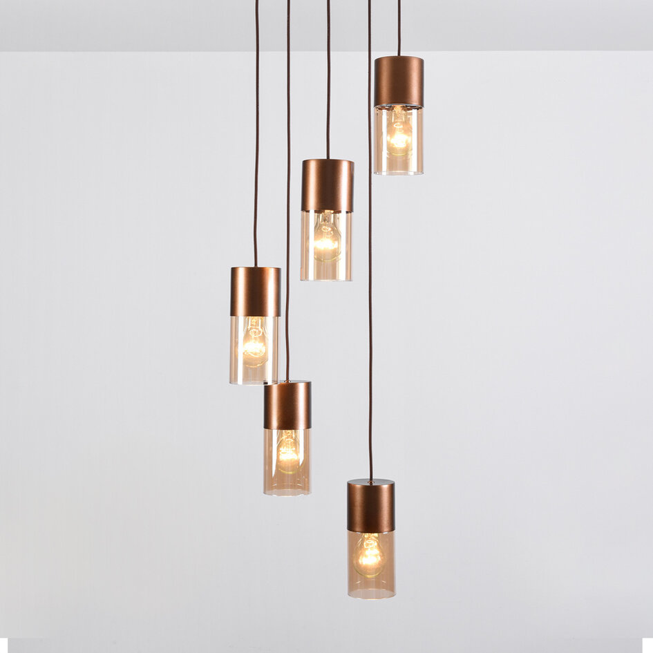 5-lichts design hanglamp koffiebruin met amber glas - Cortado
