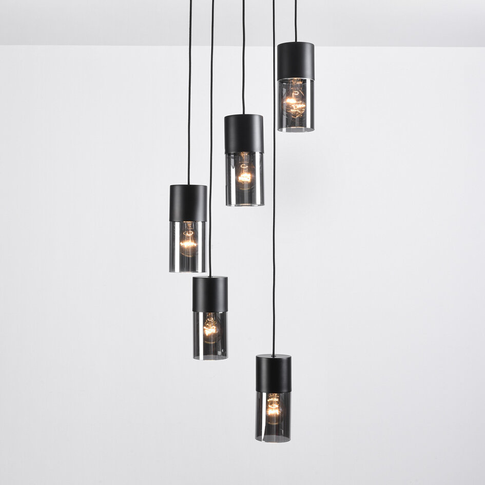Industriële hanglamp zwart met rookglas, 5-lichts - Cortado