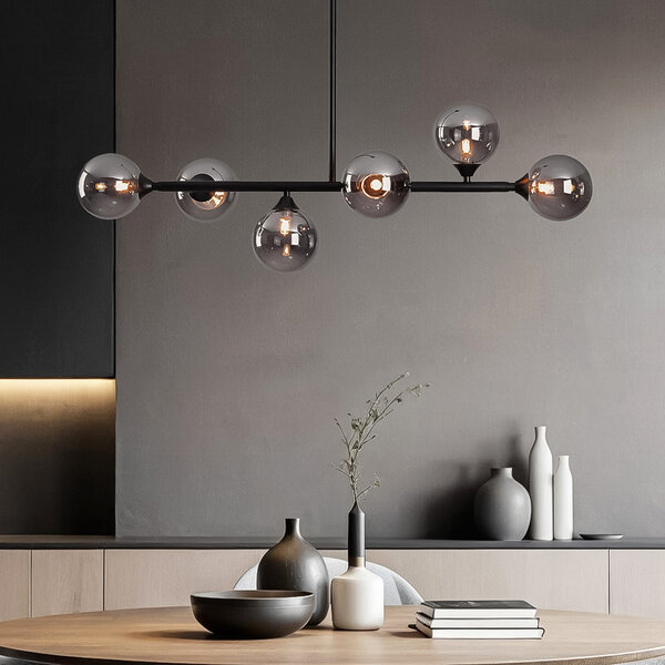 Design plafondlamp zwart met smoke glas, 6-lichts - Aster